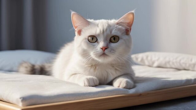 Adorable white cat lounges on bed and couch, captivating with its beautiful blue eyes, fluffy fur, and sweet demeanor, embodying the essence of a cute domestic feline pet
