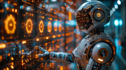 Fototapeta premium The simulation robot pointed at the large screen and introduced complex data ,generative ai