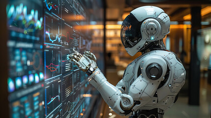 The simulation robot pointed at the large screen and introduced complex data ,generative ai