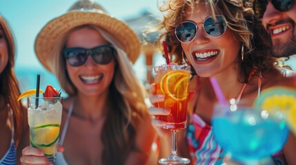 Trendy group of friends drinking cocktails at party on luxury resort. Summer vacation concept.