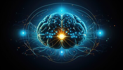 Naklejka premium A wireframe mesh of a human brain with glowing blue lines connecting different parts