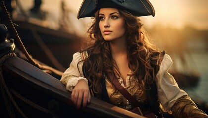 A woman in a pirate costume posing on a boat - obrazy, fototapety, plakaty