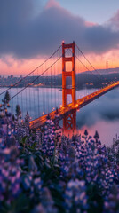 Golden Gate bridge, large wild flowers ,generative ai