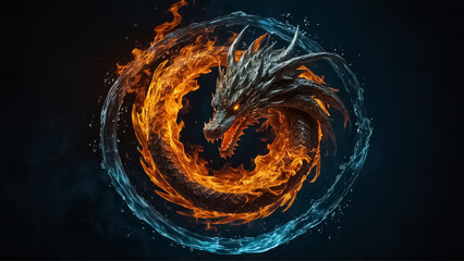 A circular dragon logo with a combination of fire and water