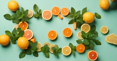 Overhead view of various citrus fruits arranged on marble table ai generative