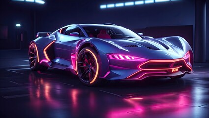 Futuristic Supercar with Neon Accents on Dark Background