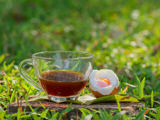 Coffee, boiled eggs, healthy breakfast in the grass