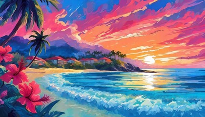 sunset over the sea, colors cerulean blue and hibiscus pink, illustrate a beach scene at sunset that uses complimentary colors, include a small beach town off the shoreline,Ai Generate 