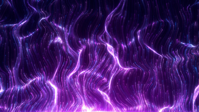 Purple upward flowing particle Lines, Beautiful purple light stripes flow, elegant wave lines rising. For your event, wedding, concert, design, covers, visual art, advertisement, stage background.