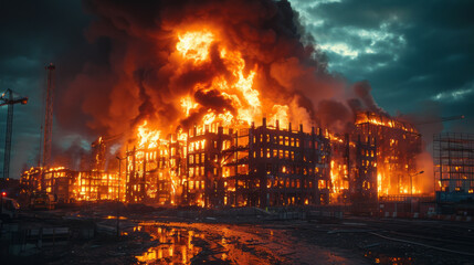 Fototapeta premium construction site fire burning with black smoke,generative ai.