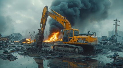construction site fire burning with black smoke,generative ai.