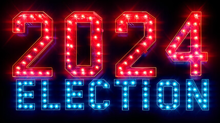 Dramatic neon graphic display reading “2024 ELECTION” - politics - television news - cable news - republican - democrat - bright colors - voting - polls - election coverage 