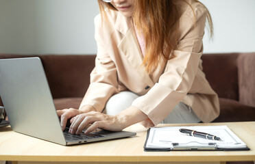 Business woman employer holding resume hiring recruit looking cv resume to hire candidates,...