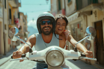hipster couple having fun outdoor on scooter in summer