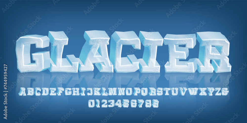 Poster glacier alphabet font. cartoon ice letters and numbers. stock vector typescript for your typography 