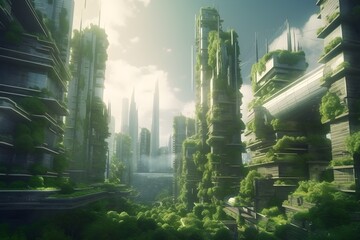 Spectacular eco futuristic cityscape ESG concept full with greenery, skyscrapers, parks, and other manmade green spaces in urban area - obrazy, fototapety, plakaty
