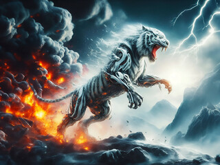 A robotic tiger jumping, sci-fi scene, background is fire, smoke, explosion, lava, black clouds, thunderbolt and lightning, Wall Art for Home Decor