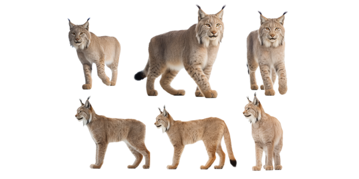 Collection of bobcat isolated on a white background as transparent PNG
