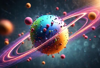  electrons orbiting atomic nuclei with colorful vibrating electrons in orbit - obrazy, fototapety, plakaty