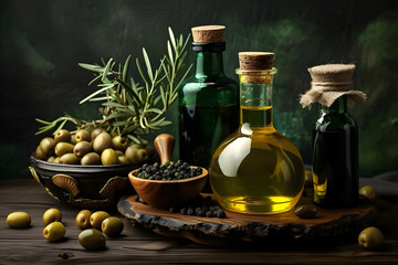 Obraz na płótnie Canvas A set of Plump Olives green and black on a dark background