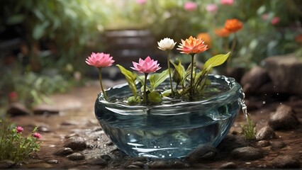 Nelumbo nucifera or water lilly in a pot of water in a garden, Decorative lotus flowers in the water, AI generated - obrazy, fototapety, plakaty