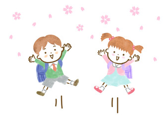桜吹雪の中、入学式でジャンプする男の子と女の子の手描きイラスト