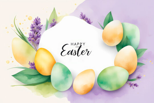 Easter holiday greeting card watercolor with colored eggs.