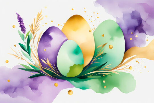 Celebrating Easter, holiday greeting card watercolor with colored eggs.