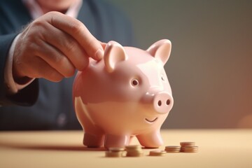 A man's hand throws money coins into a piggy bank