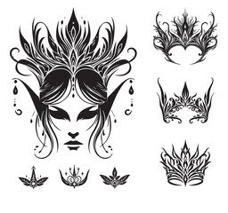 Elegant crowns and design elements in the Elven style, vector illustration