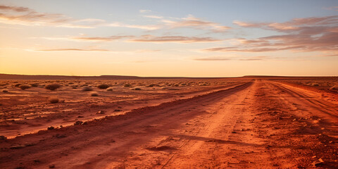 Fototapeta na wymiar Evening in the Australian Outback, dirt road near Coober Pedy, Australia red sand unpaved road and 4x4 at sunset Francoise Peron Shark Bay