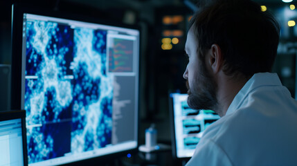 Obraz premium scientist observing a large monitor displaying a complex generative AI model that processes and visualizes search engine data