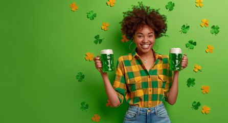 Saint Patrick's day. Woman with two mugs of green beer in her hands. Concept, web, advertisement.