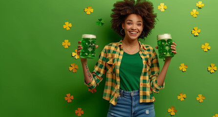 Saint Patrick's day. Woman with two mugs of green beer in her hands. Concept, web, advertisement.