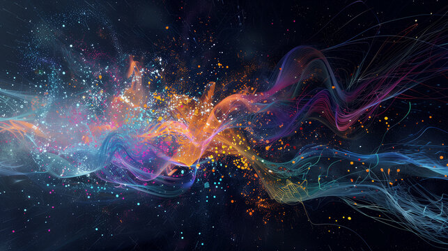 An abstract representation of a generative AI's thought process, with colorful neural network nodes connecting and expanding in a dark space