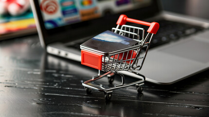 small shopping cart with a laptop on desk, online shopping concept, e-commerce business