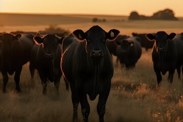 Black Angus cattle on a field of grass under the setting sun - obrazy, fototapety, plakaty