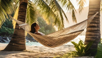 Woman  relaxing on hammock in palm trees at beach