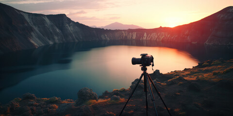 Silhouette of a Young Photographer Taking a Stunning Sunrise Landscape Photo with a Digital Camera and Tripod on a Beautiful Summer Vacation Trip, Capturing the Magnificent Mountain, Sun, and Ocean in - obrazy, fototapety, plakaty