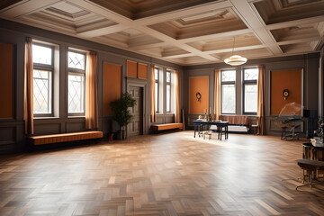 A grand, empty room with a parquet floor with stucco panels, molding, and frames