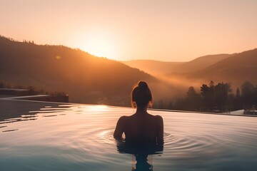 back view young adult female person enjoy relax in infinity edge luxury outdoor swimming pool looking on fog hill green mountains in warm sunset light. Alpine welness travel vacation tourism concept - obrazy, fototapety, plakaty