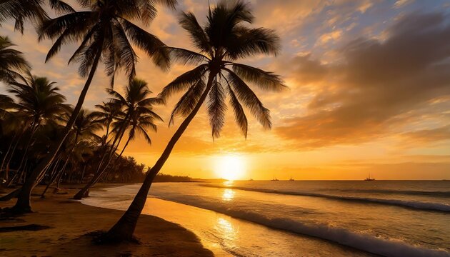 Tranquil sunset landscape with palm trees on a beach