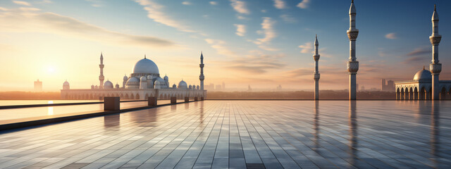 Urban Landscape Photography, A serene empty backdrop featuring a distant mosque against a clear sky