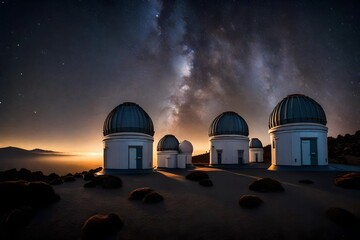 Obraz premium At the Teide Observatory, poised to unveil the mysteries of the universe, their metallic surfaces reflecting the moonlight