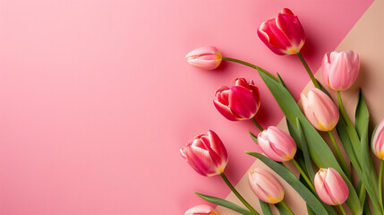 Pink Tulips Arranged on a Pastel Dual-Tone Background