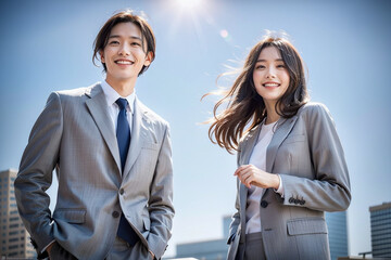 青空をバックに微笑むさわやかな若い男女のビジネスマン