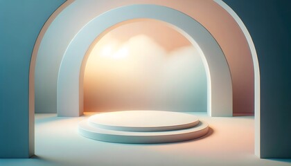 sleek 3d rounded podium in a minimalist studio, soft pastel fog. 3d stage for product display. an abstract platform for product presentation. podium for advertisement. tech products mockup.