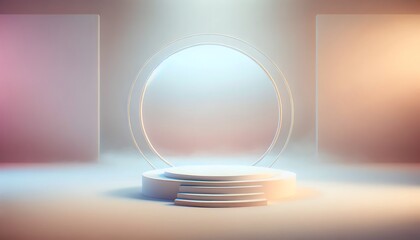sleek 3d rounded podium in a minimalist studio, soft pastel fog. 3d stage for product display. an abstract platform for product presentation. podium for advertisement. tech products mockup.