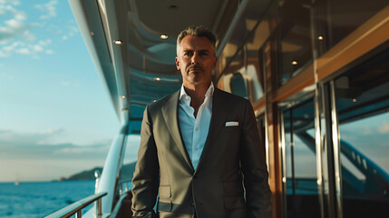 businessman on his luxury yacht, rich people successful corporate lifestyle