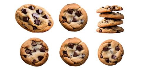 Collection of chocolate chip cookie isolated on a white background as transparent PNG